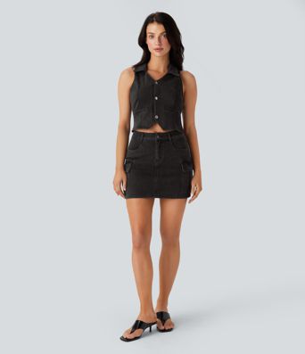 Halara Flex™ Mid Rise Zipper Pockets Denim Mini Casual Cargo Skirt