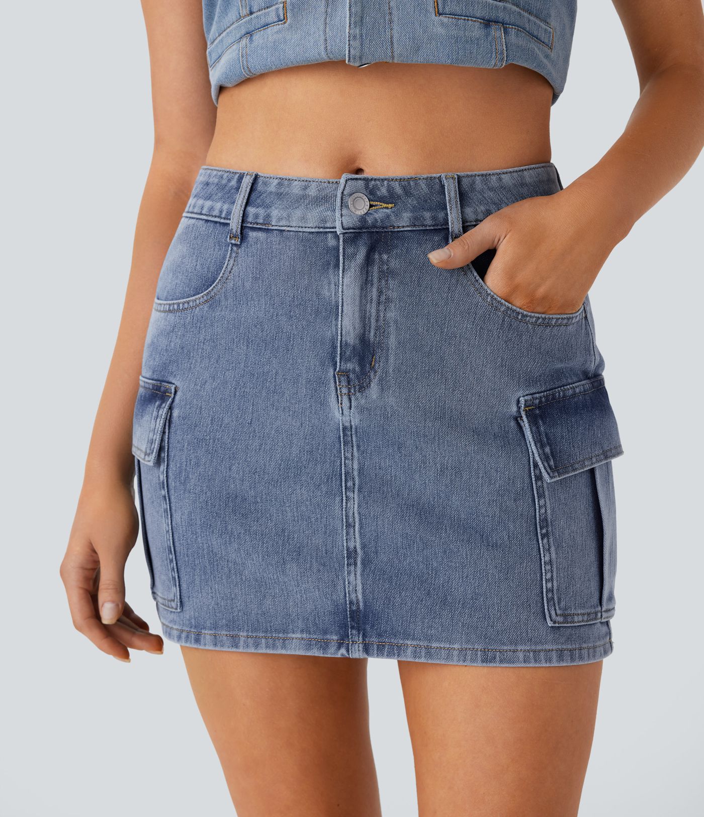 Halara Flex™ Mid Rise Button Zipper Multiple Pockets Stretchy Knit Denim Mini Casual Cargo Skirt