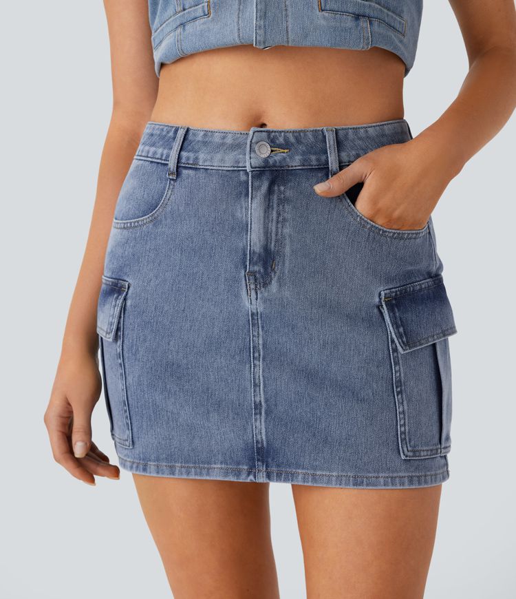 Halara Flex™ Mid Rise Zipper Pockets Denim Mini Casual Cargo Skirt