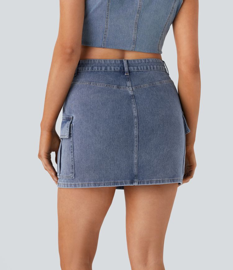Halara Flex™ Mid Rise Zipper Pockets Denim Mini Casual Cargo Skirt