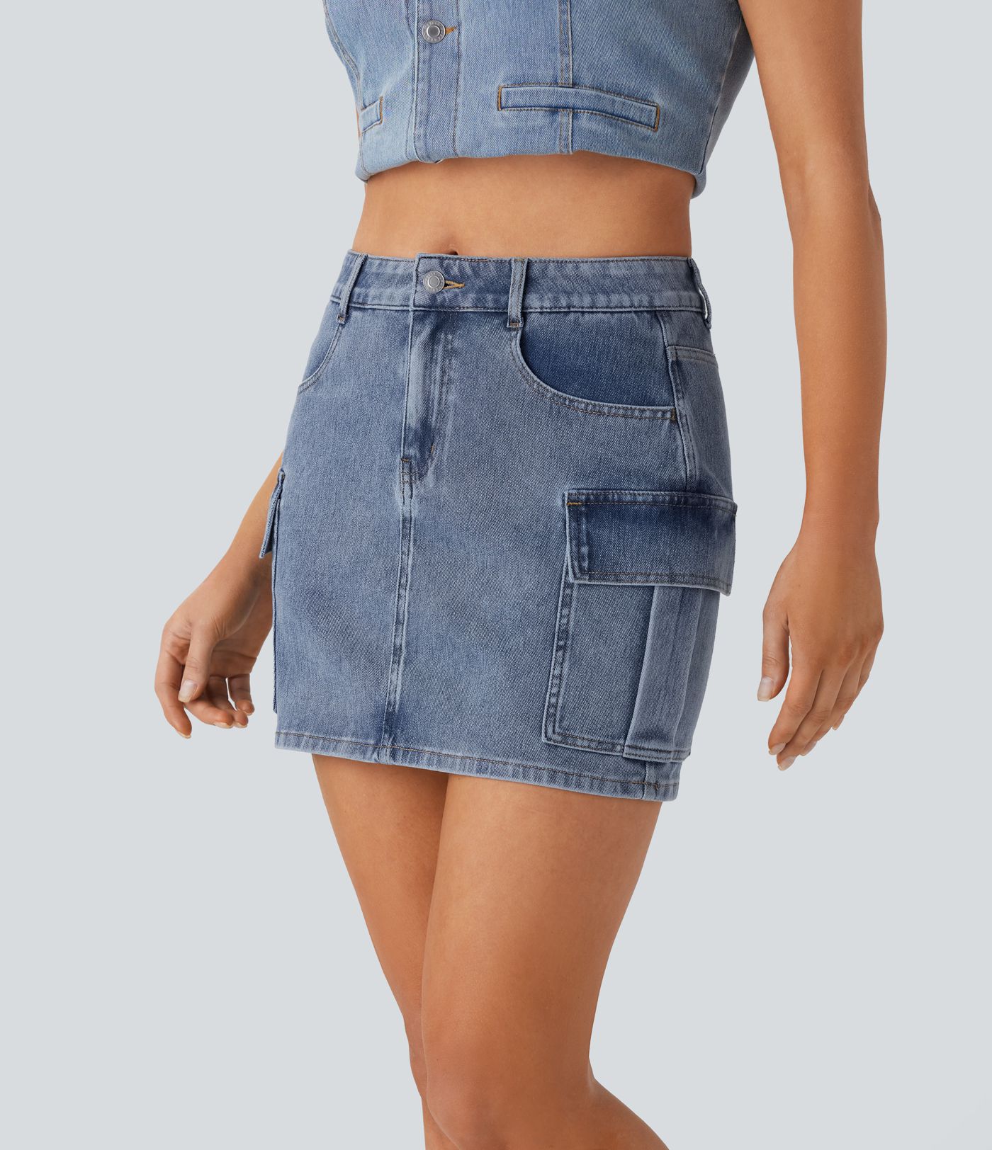 Halara Flex™ Mid Rise Button Zipper Multiple Pockets Stretchy Knit Denim Mini Casual Cargo Skirt