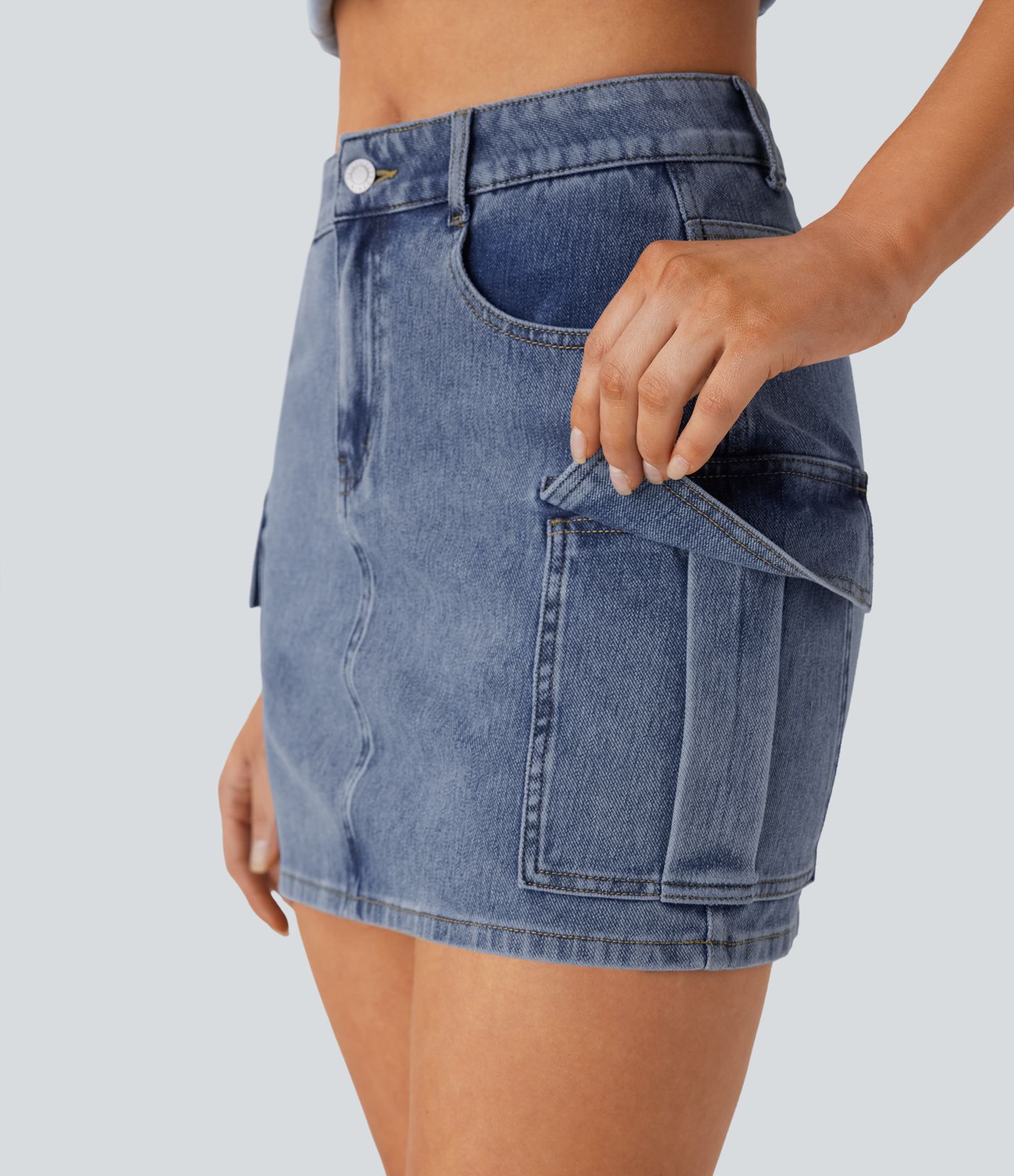 Halara Flex™ Mid Rise Button Zipper Multiple Pockets Stretchy Knit Denim Mini Casual Cargo Skirt