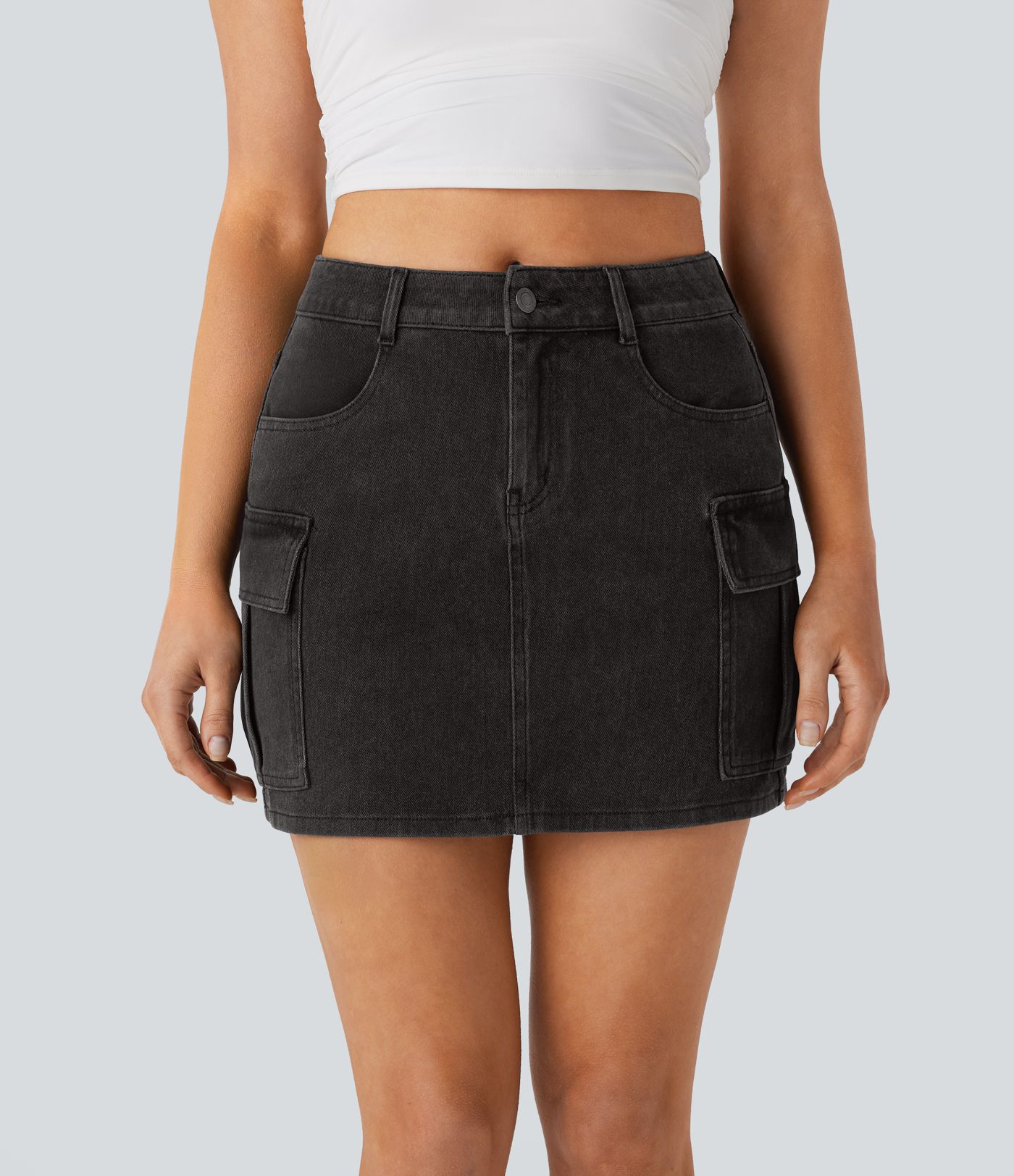 Halara Flex™ Mid Rise Zipper Pockets Denim Mini Casual Cargo Skirt