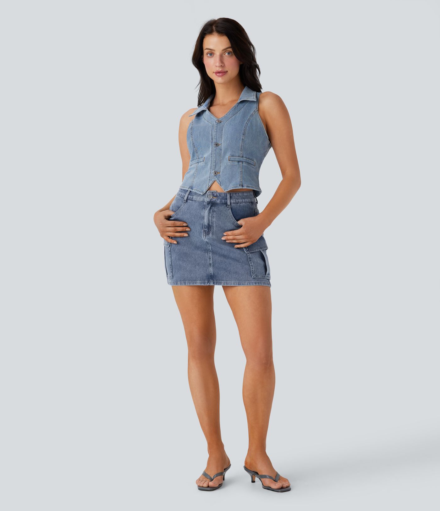 Halara Flex™ Mid Rise Button Zipper Multiple Pockets Stretchy Knit Denim Mini Casual Cargo Skirt