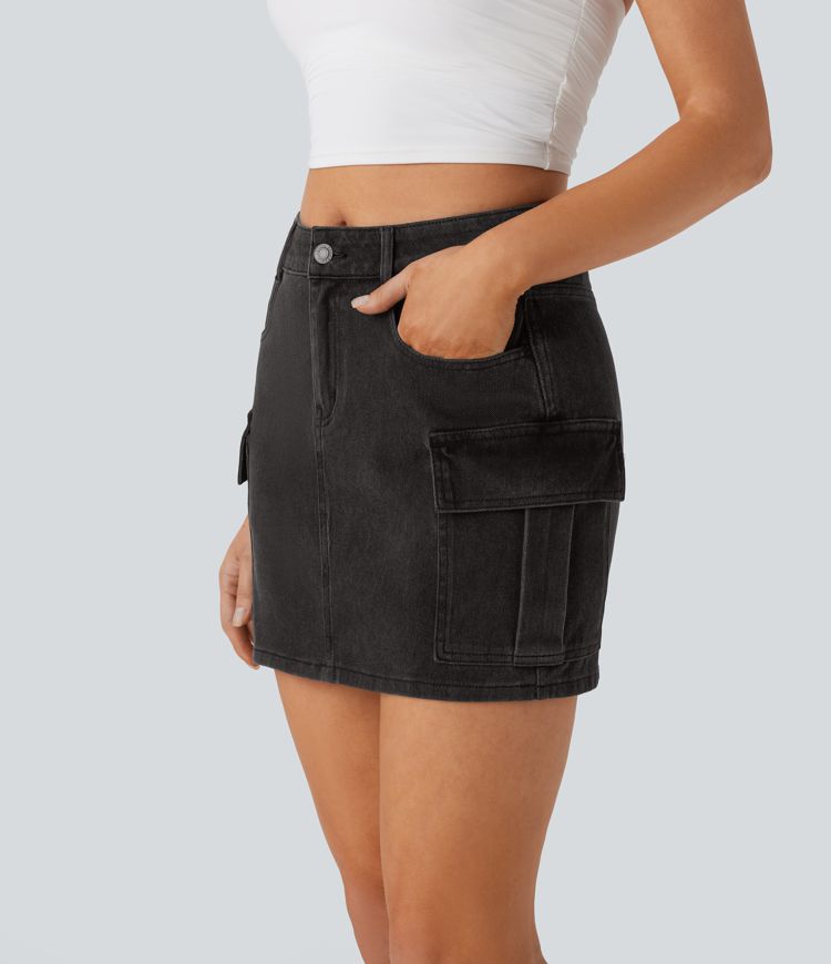 Halara Flex™ Mid Rise Button Zipper Multiple Pockets Stretchy Knit Denim Mini Casual Cargo Skirt