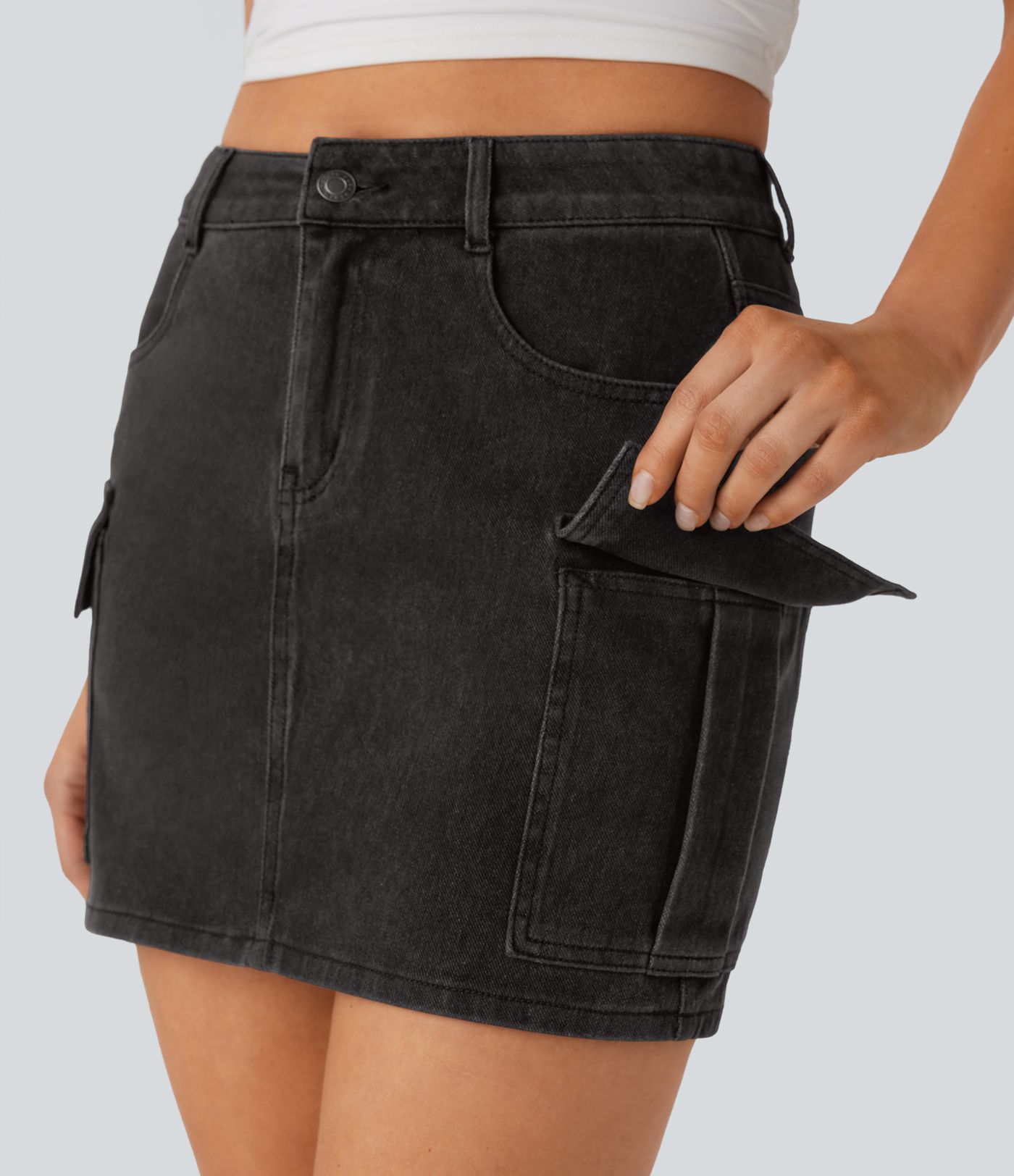 Halara Flex™ Mid Rise Zipper Pockets Denim Mini Casual Cargo Skirt