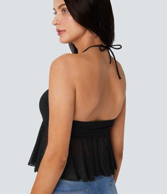 Halter Tie Back Ruched Mesh Ruffle Hem Casual Tank Top