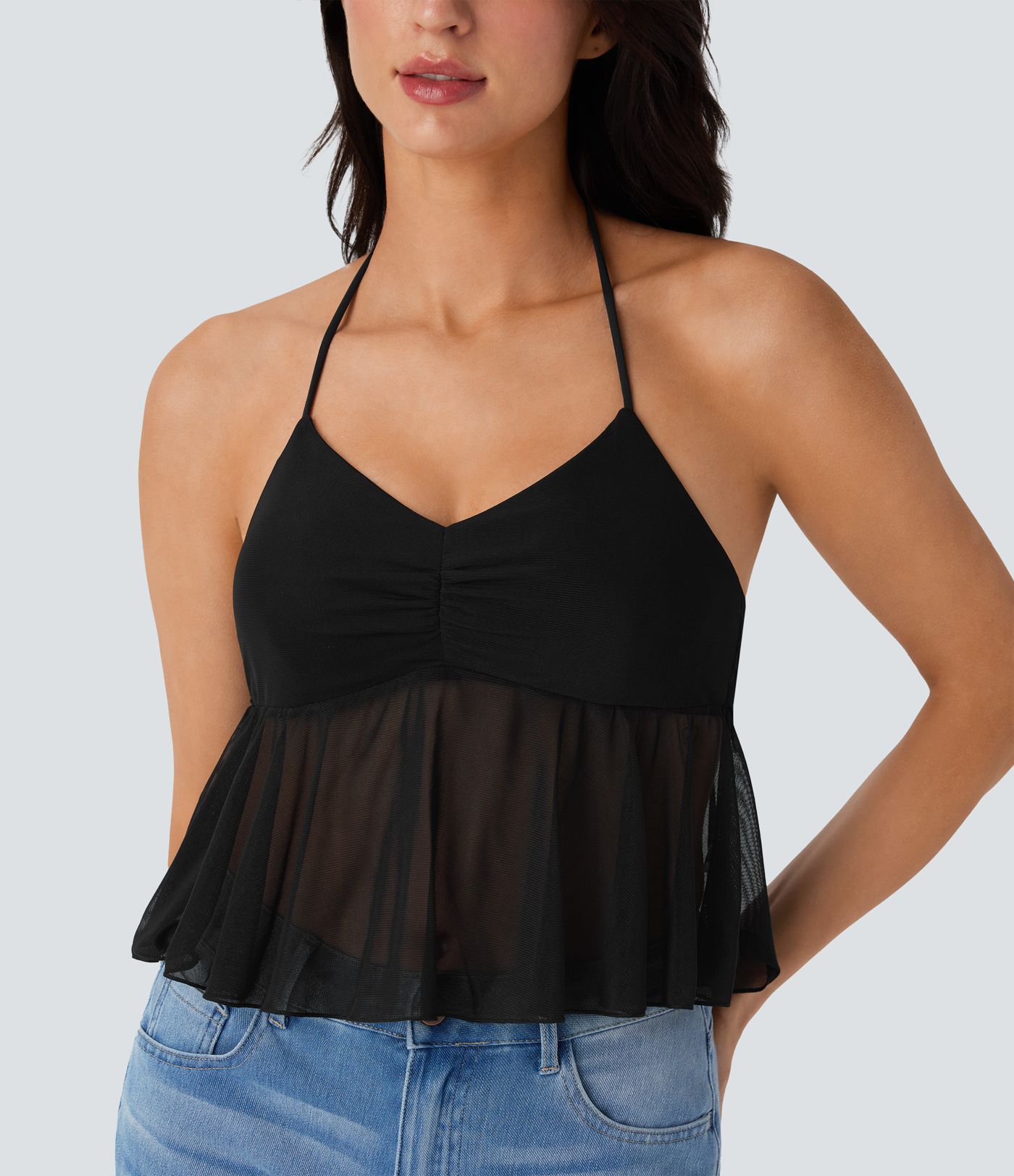 Halter Tie Back Ruched Mesh Ruffle Hem Casual Tank Top