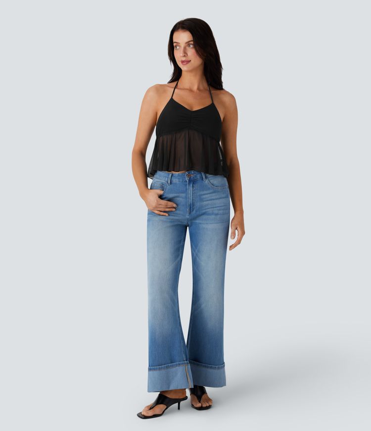 Halter Tie Back Ruched Mesh Ruffle Hem Casual Tank Top