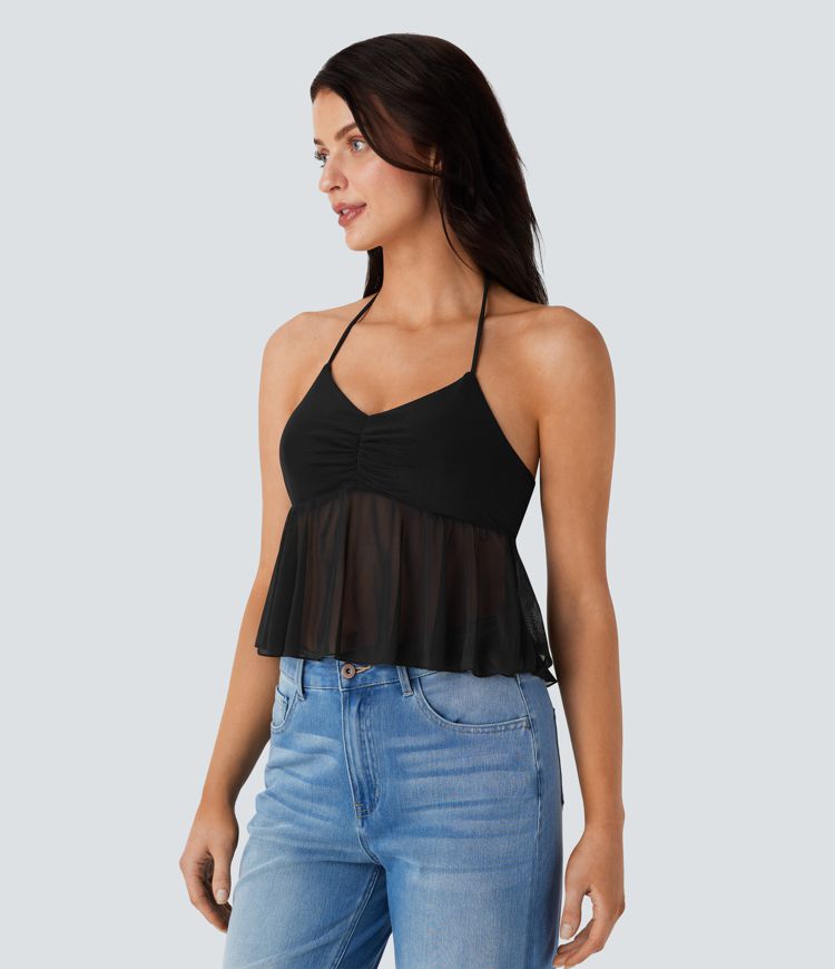 Halter Tie Back Backless Ruched Mesh Ruffle Hem Casual Tank Top