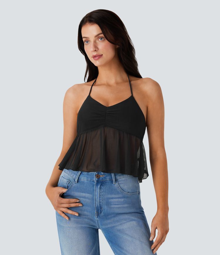 Halter Tie Back Backless Ruched Mesh Ruffle Hem Casual Tank Vest Top