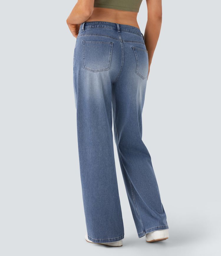 Halara Flex™ - Lässige, gewaschene Baggy-Jeans aus elastischem Strick-Denim mit mittelhohem Bund und Löchern