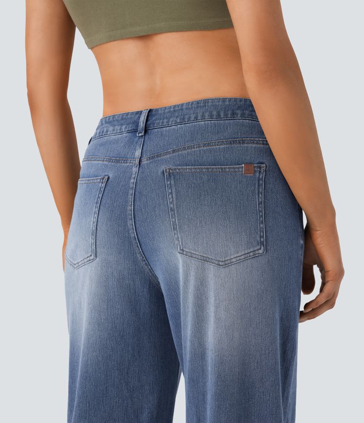 Halara Flex™ - Lässige, gewaschene Baggy-Jeans aus elastischem Strick-Denim mit mittelhohem Bund und Löchern