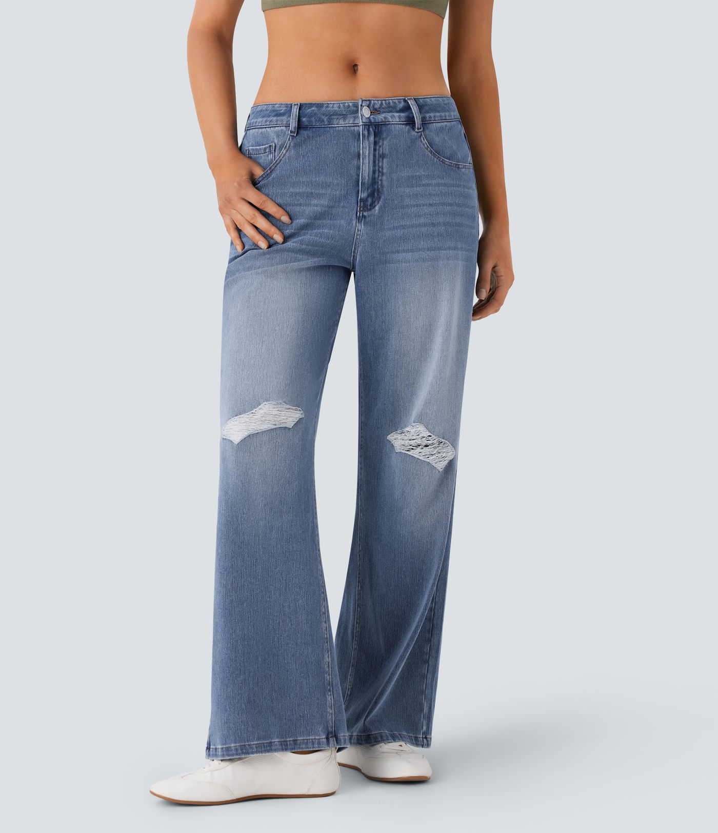 Halara Flex™ - Lässige, gewaschene Baggy-Jeans aus elastischem Strick-Denim mit mittelhohem Bund und Löchern