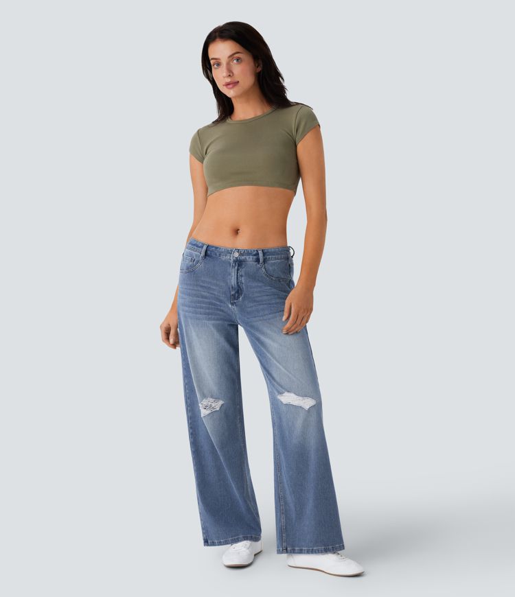Halara Flex™ - Lässige, gewaschene Baggy-Jeans aus elastischem Strick-Denim mit mittelhohem Bund und Löchern