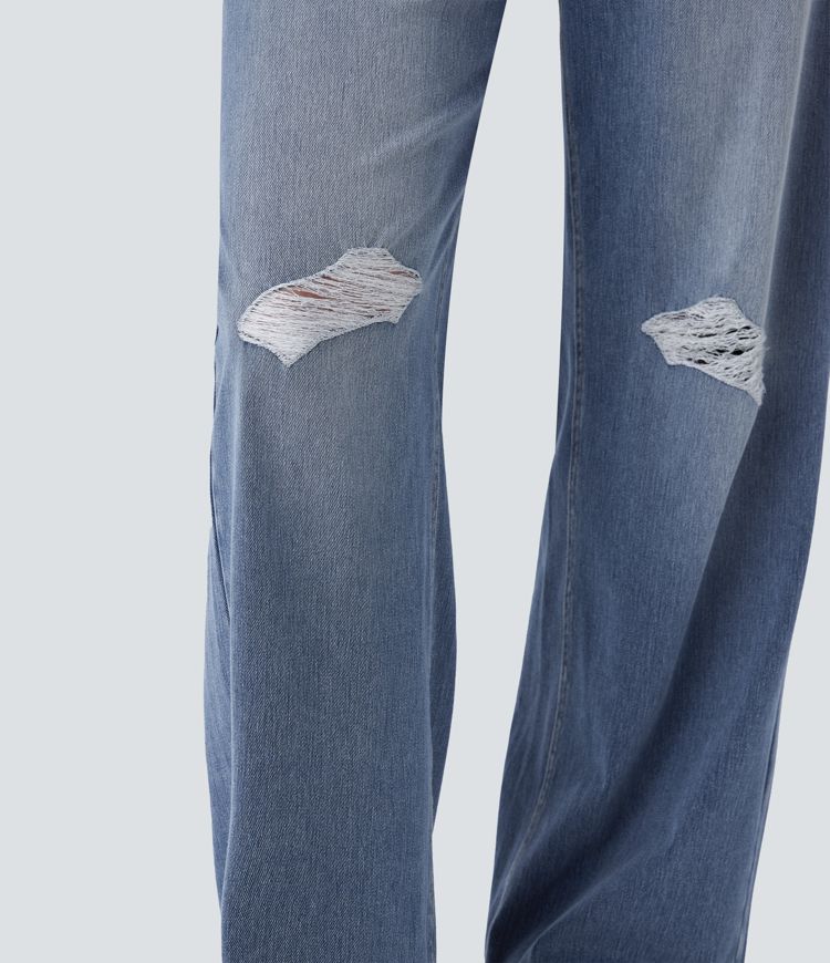 Halara Flex™ - Lässige, gewaschene Baggy-Jeans aus elastischem Strick-Denim mit mittelhohem Bund und Löchern