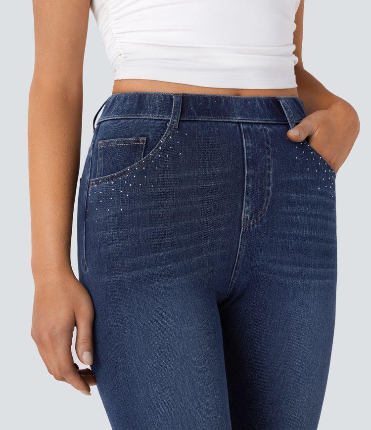 Halara Flex™ - 7/8 Leggings aus elastischem Strick-Denim mit hohem Bund, mehreren Taschen und Strasssteinen