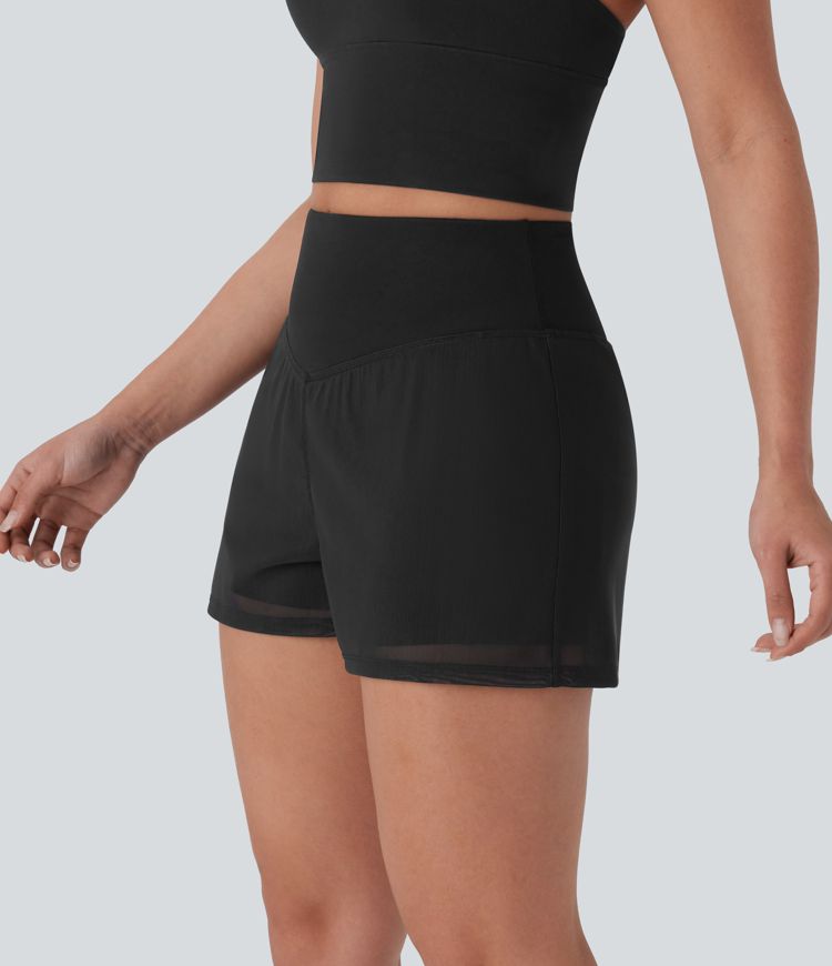 Yoga-Shorts mit hohem Bund, 2-in-1-Taschen und Kontrast-Mesh, 3''