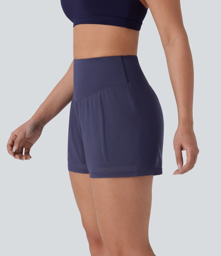High Waisted 2-in-1 Pocket Contrast Mesh Yoga Shorts 3''