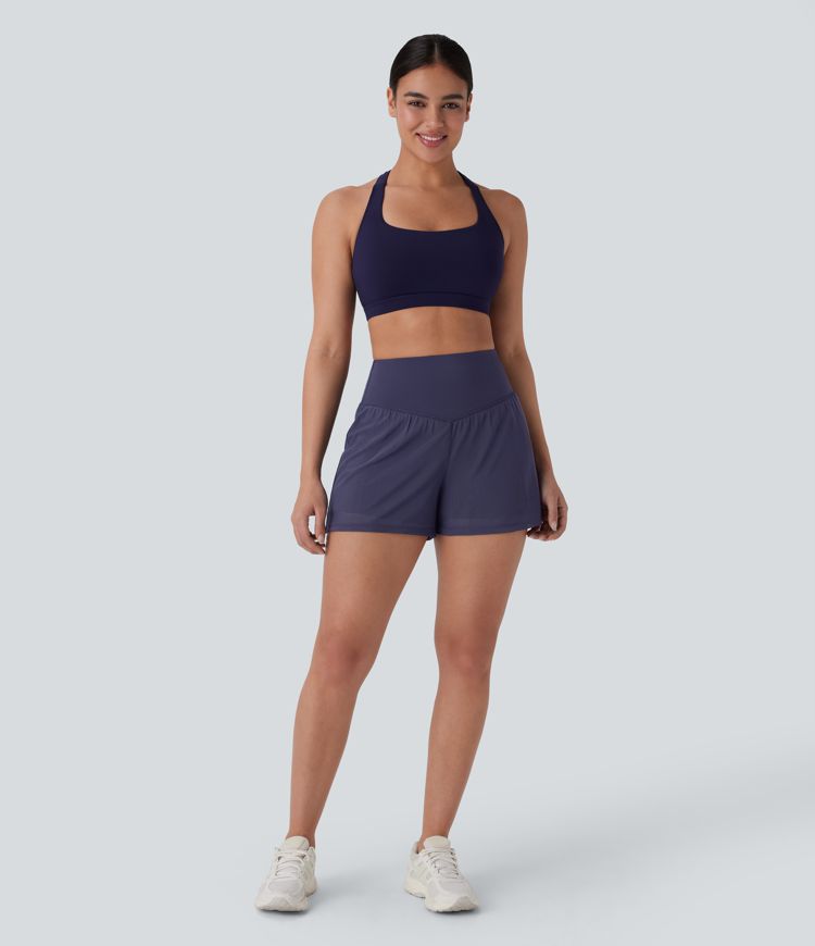High Waisted 2-in-1 Pocket Contrast Mesh Yoga Shorts 3''