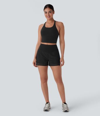 Yoga-Shorts mit hohem Bund, 2-in-1-Taschen und Kontrast-Mesh, 3''