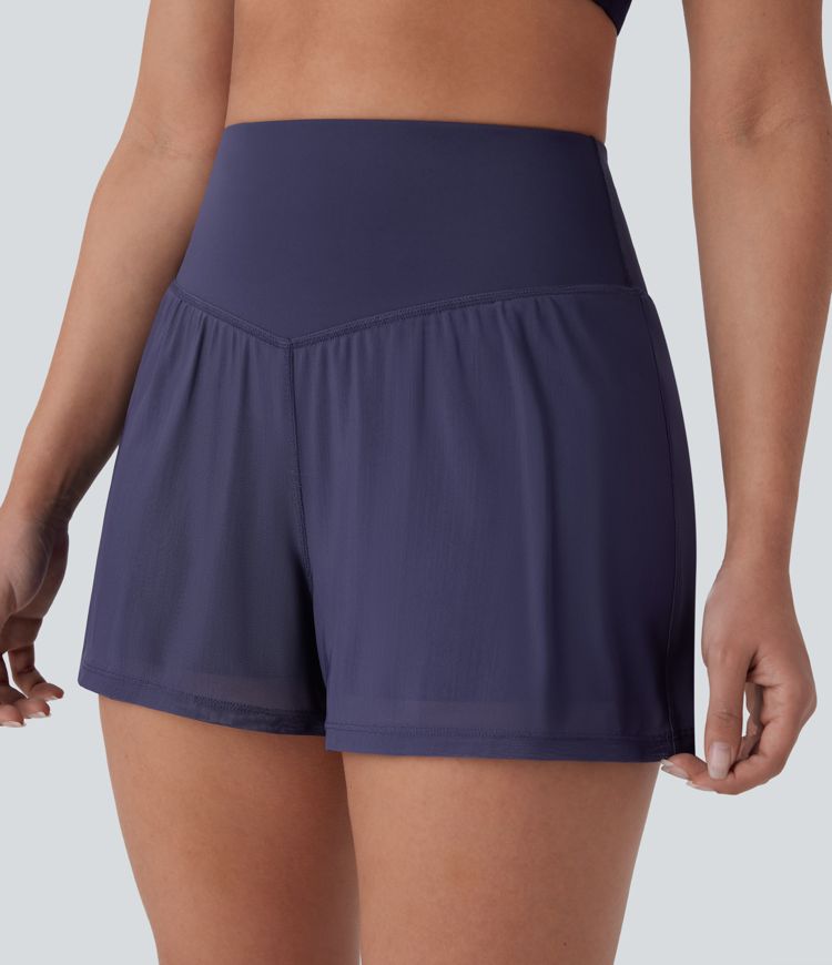 High Waisted 2-in-1 Pocket Contrast Mesh Yoga Shorts 3''