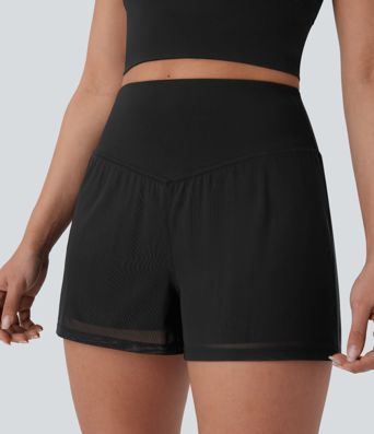 Yoga-Shorts mit hohem Bund, 2-in-1-Taschen und Kontrast-Mesh, 3''