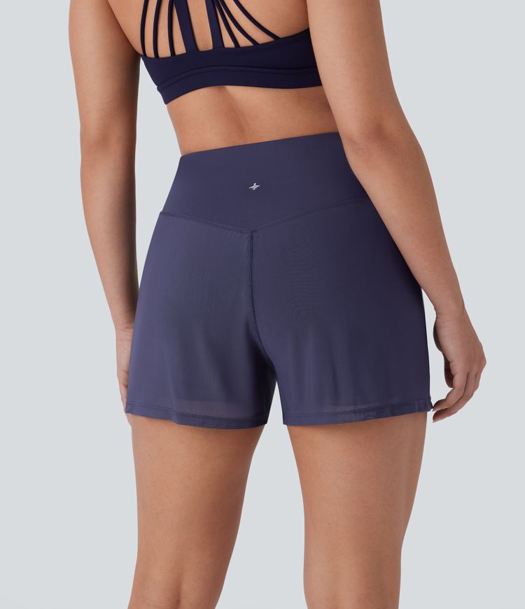 High Waisted 2-in-1 Pocket Contrast Mesh Yoga Shorts 3''