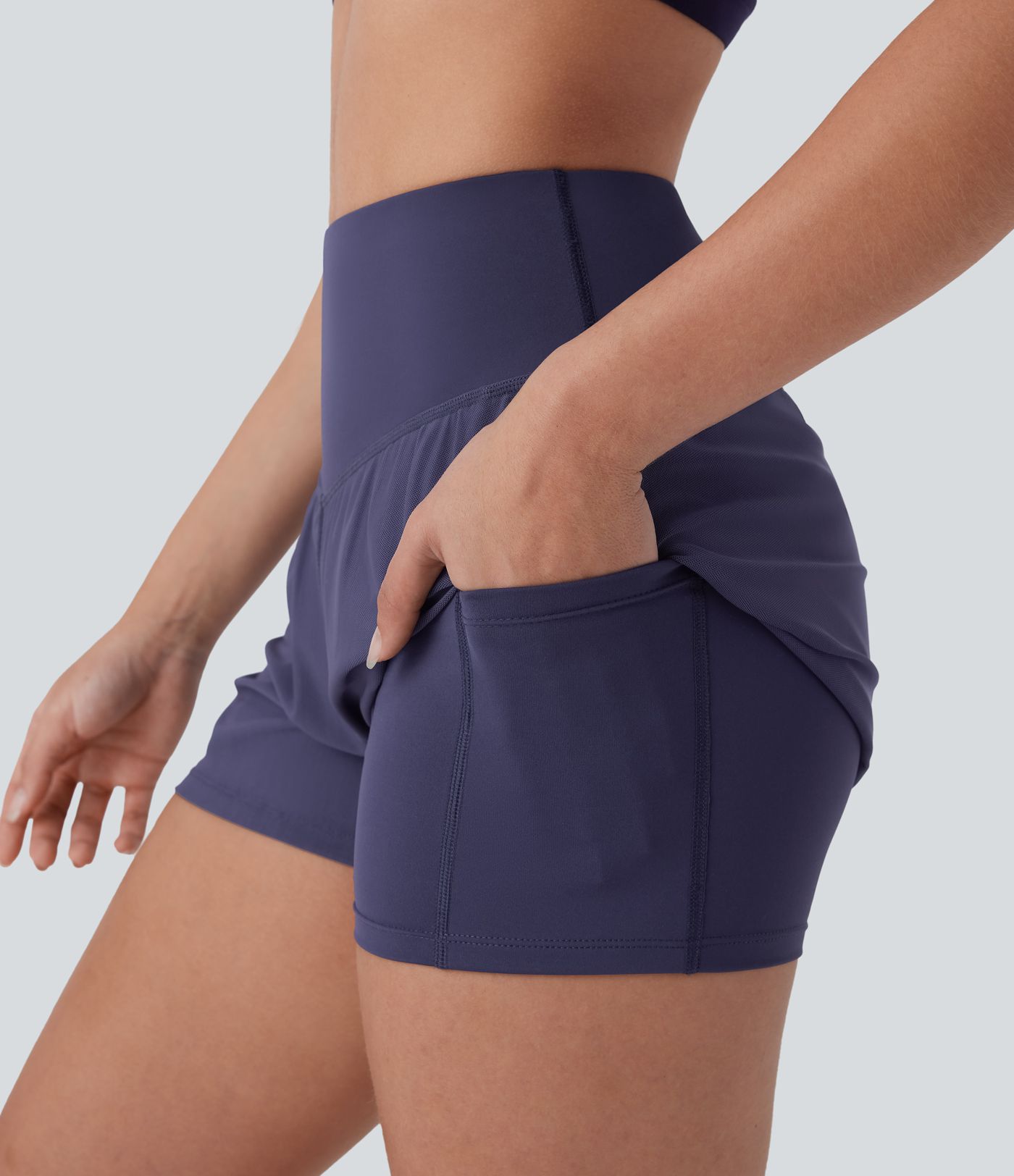 Shorts de yoga 2 en 1 de tiro alto con bolsillo lateral y malla en contraste de 7,62cm 