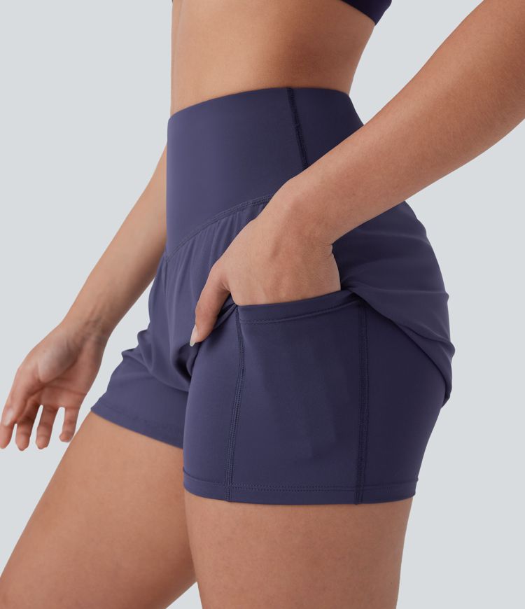 High Waisted 2-in-1 Pocket Contrast Mesh Yoga Shorts 3''