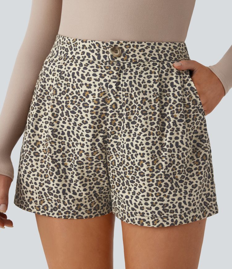 High Waisted Side Pocket Leopard Print Casual Cotton Shorts