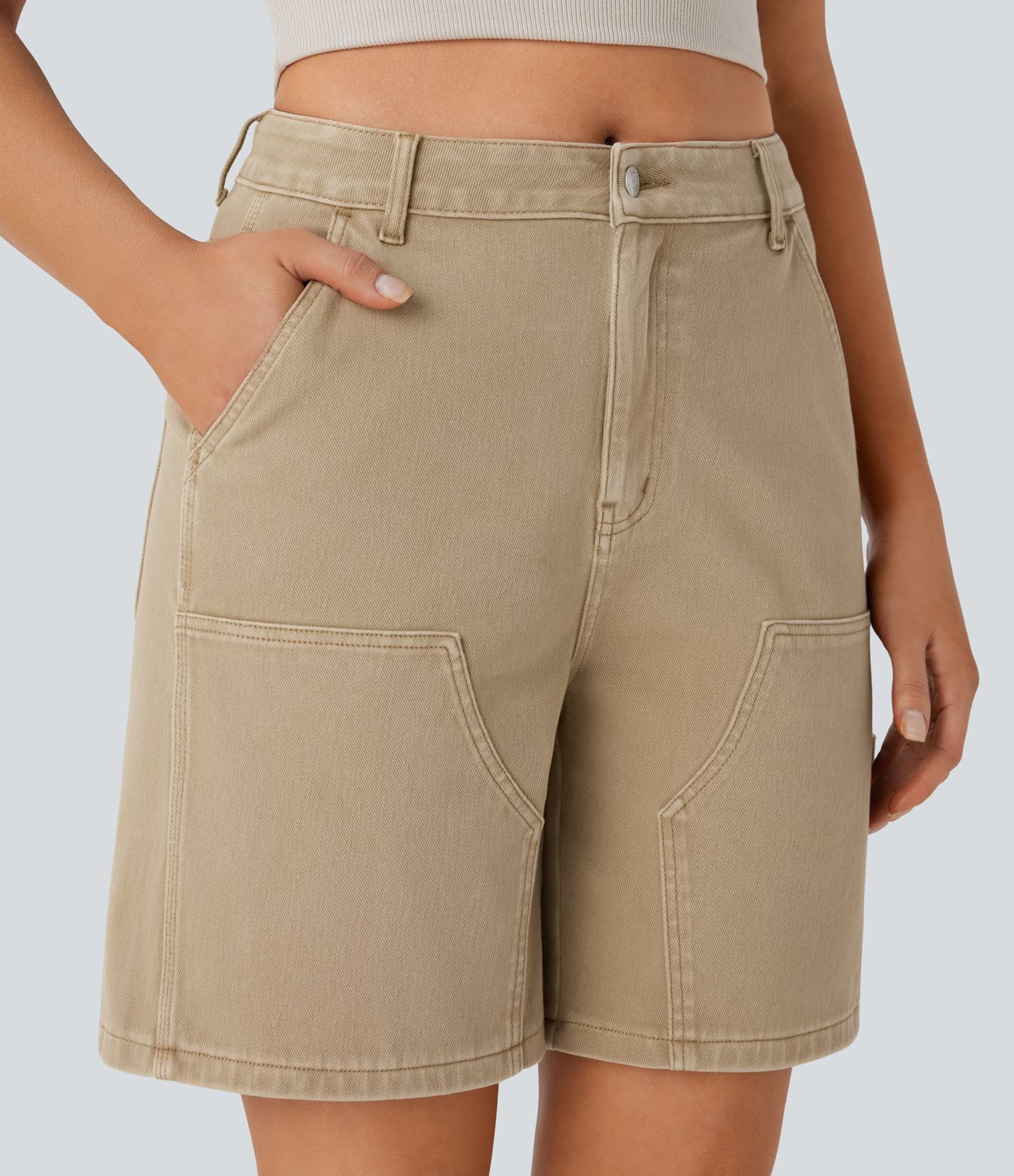 Halara Flex™ Mid Rise Pockets Washed Denim Casual Bermuda Shorts