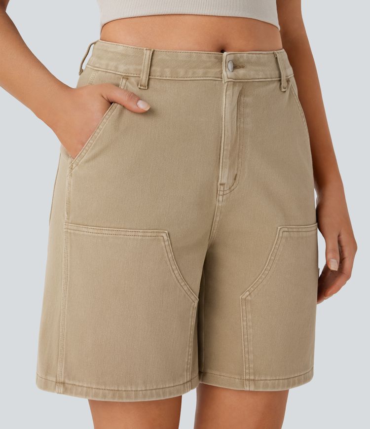 Halara Flex™ Mid Rise Pockets Washed Denim Casual Bermuda Shorts