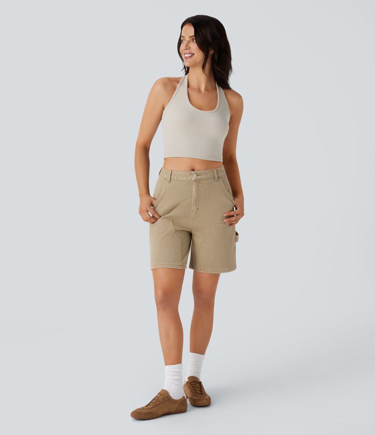Halara Flex™ Mid Rise Pockets Washed Denim Casual Bermuda Shorts