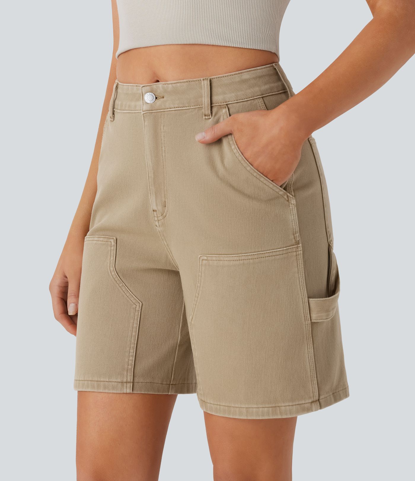 Halara Flex™ Mid Rise Pockets Washed Denim Casual Bermuda Shorts