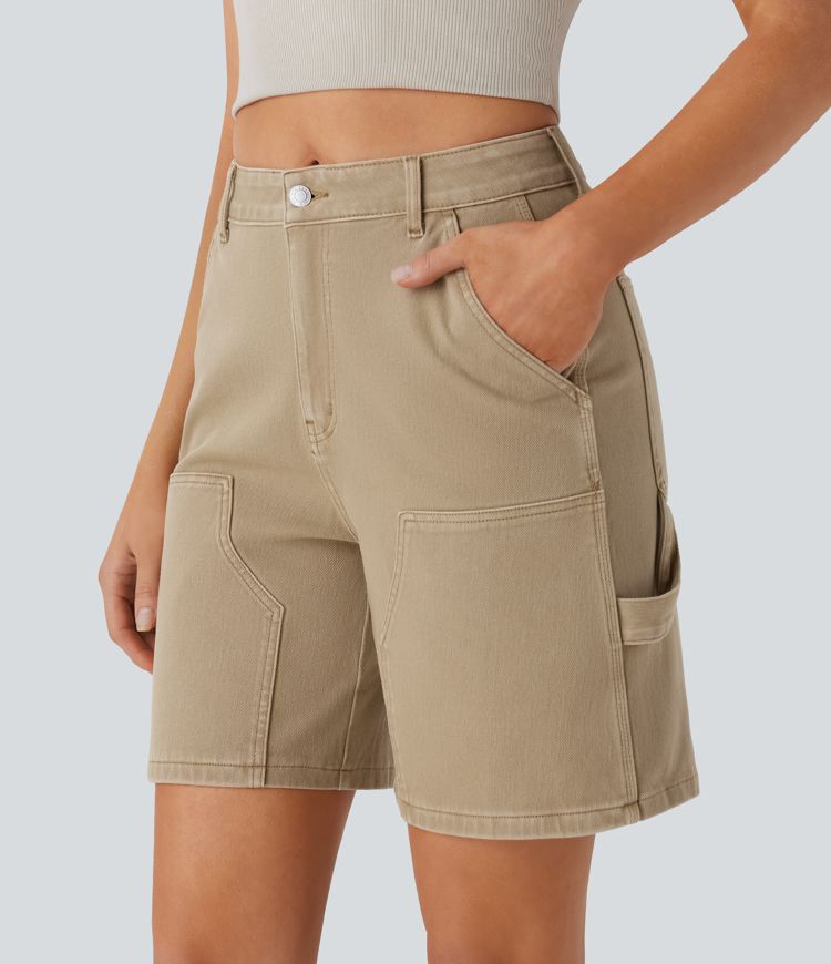Halara Flex™ Mid Rise Pockets Washed Denim Casual Bermuda Shorts