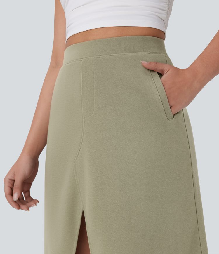 High Waisted Midi Casual Skirt with Pockets