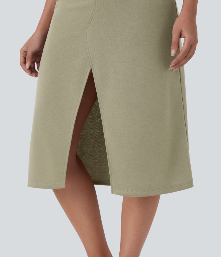 High Waisted Midi Casual Skirt with Pockets