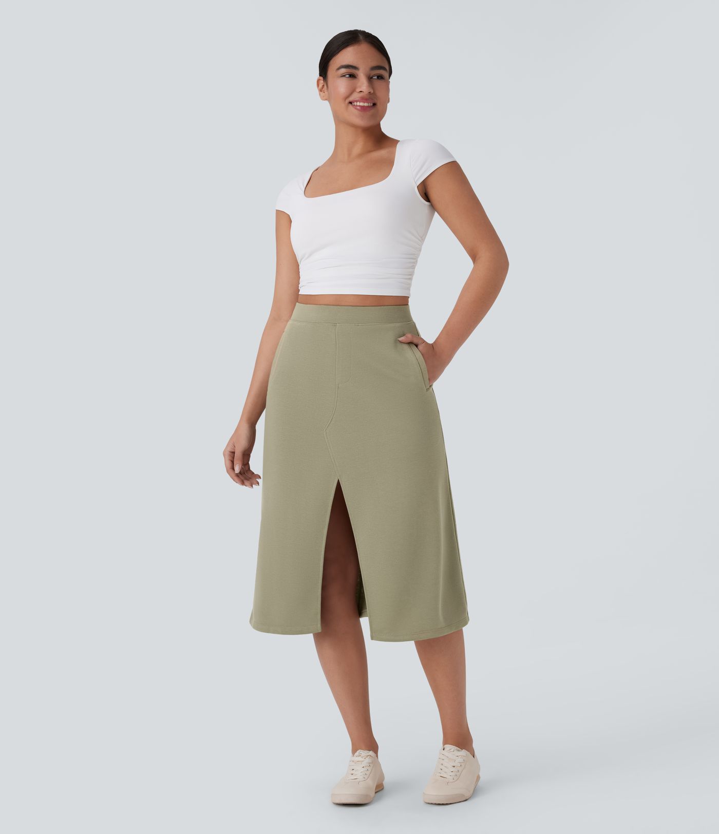 High Waisted Midi Casual Skirt with Pockets