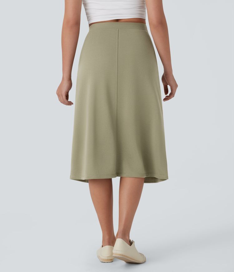 High Waisted Midi Casual Skirt with Pockets