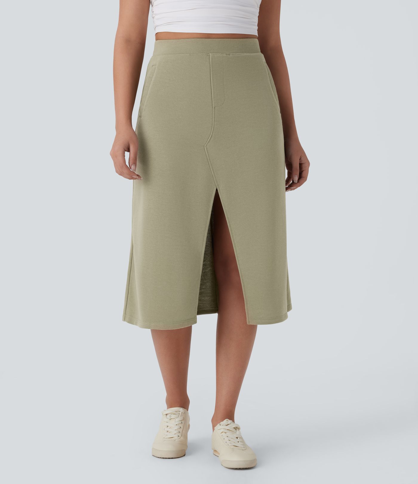 High Waisted Midi Casual Skirt with Pockets