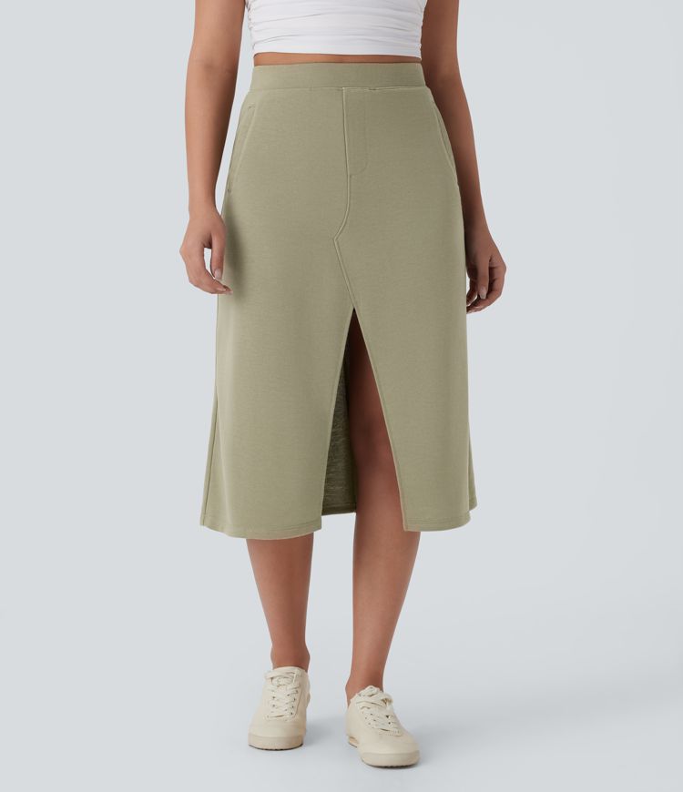 High Waisted Midi Casual Skirt with Pockets