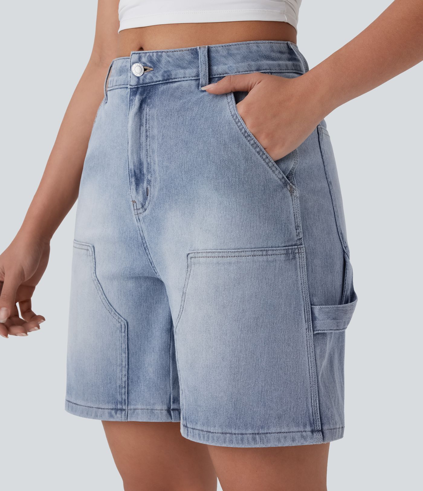 Halara Flex™ Mid Rise Pockets Washed Denim Casual Bermuda Shorts