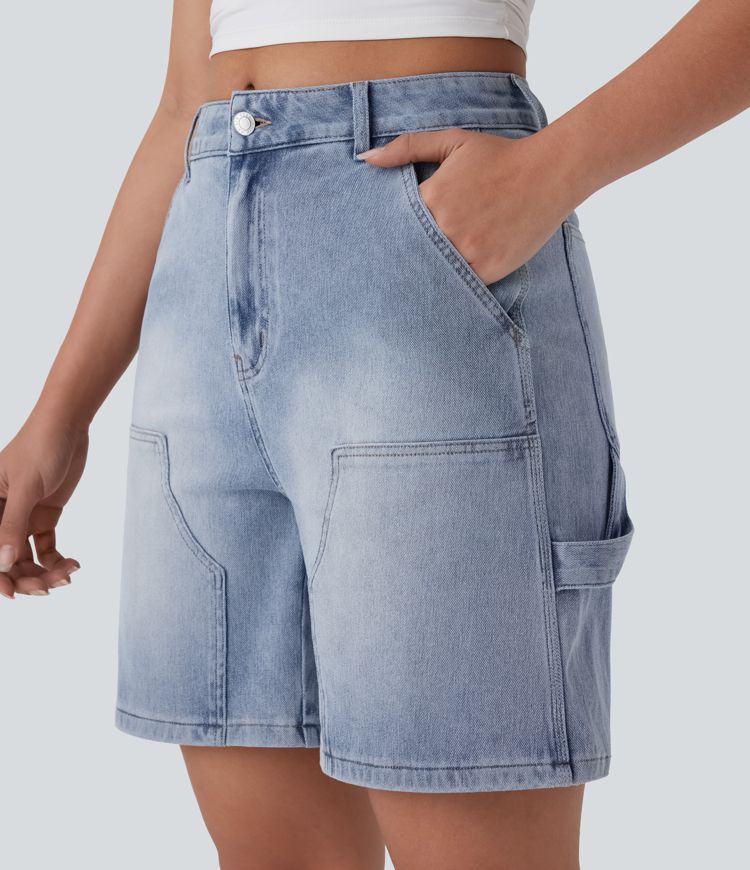 Halara Flex™ Mid Rise Multiple Pockets Washed Stretchy Knit Denim Casual Bermuda Shorts