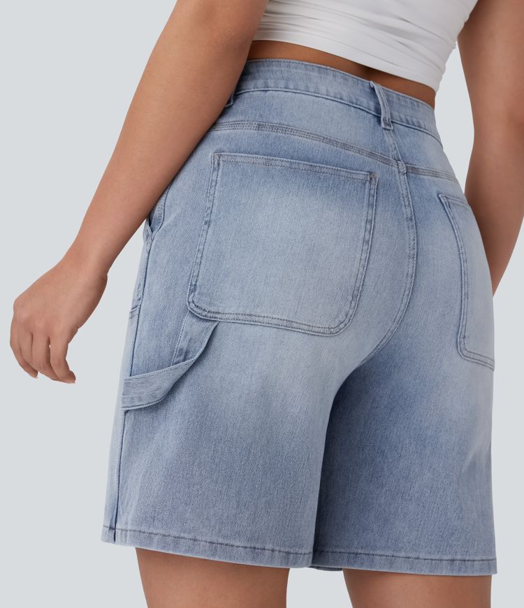 Halara Flex™ Mid Rise Multiple Pockets Washed Stretchy Knit Denim Casual Bermuda Shorts