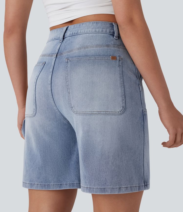 Halara Flex™ Mid Rise Multiple Pockets Washed Stretchy Knit Denim Casual Bermuda Shorts