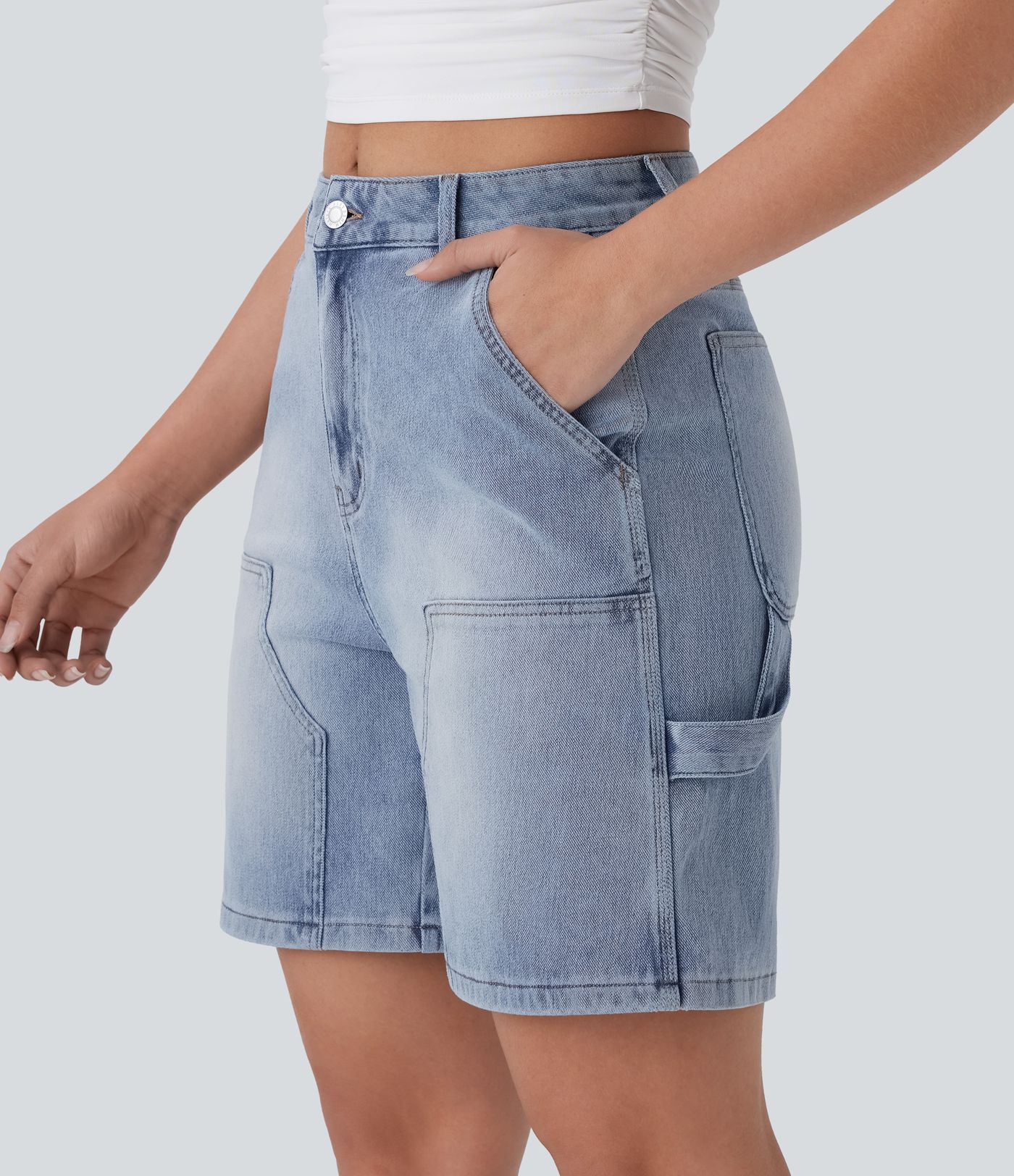 Halara Flex™ Mid Rise Pockets Washed Denim Casual Bermuda Shorts