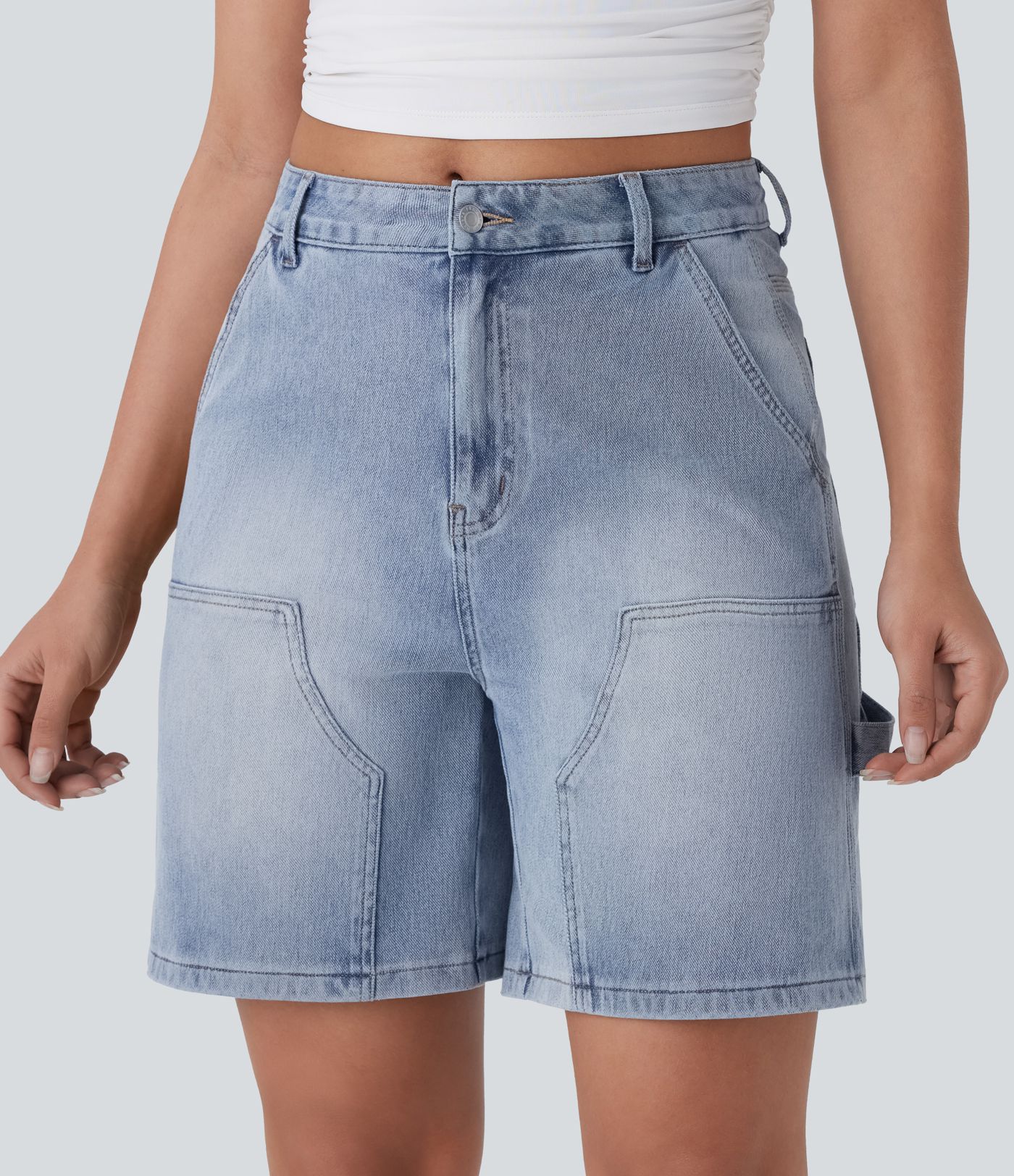 Halara Flex™ Mid Rise Pockets Washed Denim Casual Bermuda Shorts