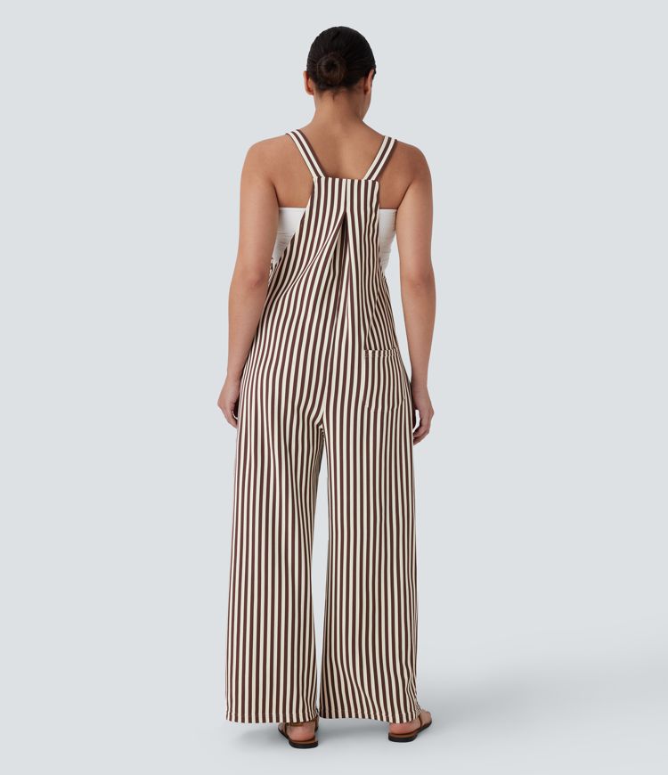 Adjustable Strap Button Multiple Pockets Stripe Waffle Resort Overalls