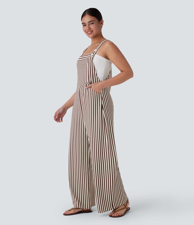 Salopette de resort à bretelles ajustables, boutons, poches multiples et rayures